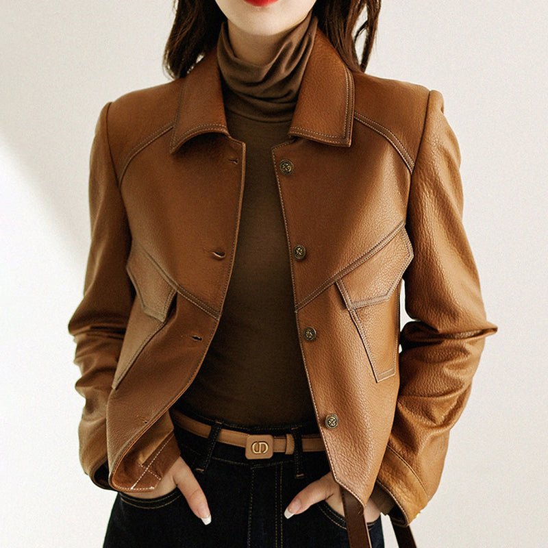 Faux Leather Jacket for Women with Front Pockets - Clarkandmorris