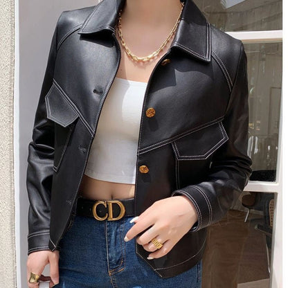 Faux Leather Jacket for Women with Front Pockets - Clarkandmorris