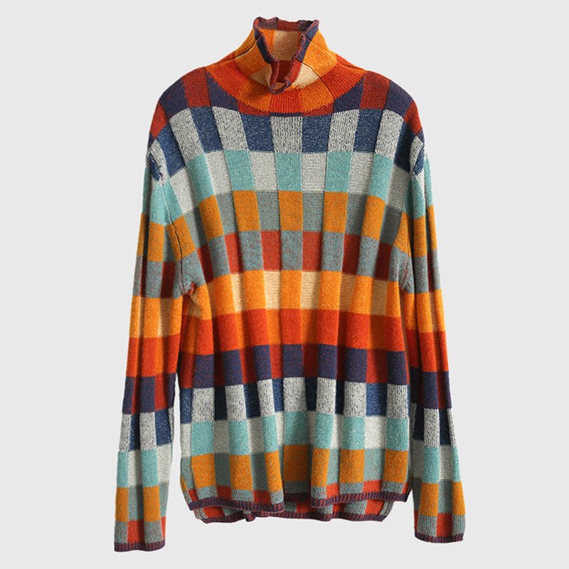 Knitted Turtleneck Sweater for Women with Multicolor Check Pattern - Clarkandmorris