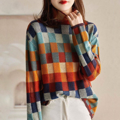 Knitted Turtleneck Sweater for Women with Multicolor Check Pattern - Clarkandmorris