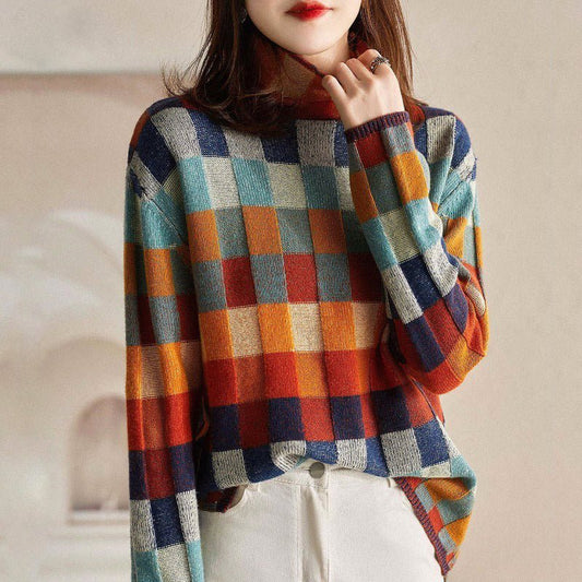 Knitted Turtleneck Sweater for Women with Multicolor Check Pattern - Clarkandmorris