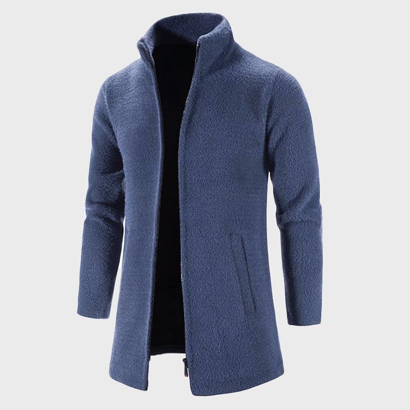 Long Plush Cardigan with Stand Collar for Men - Clarkandmorris
