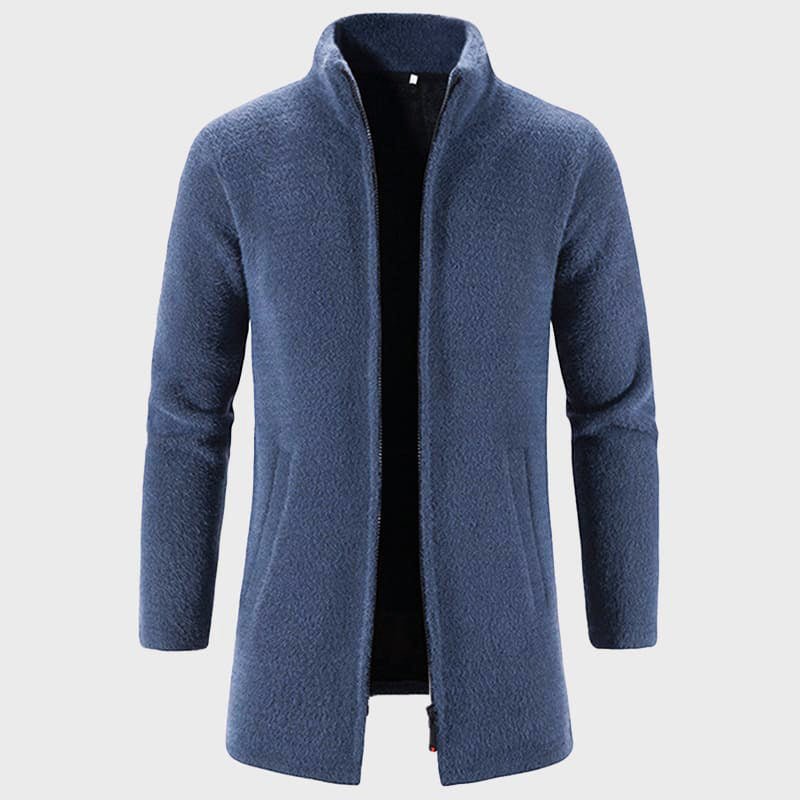 Long Plush Cardigan with Stand Collar for Men - Clarkandmorris