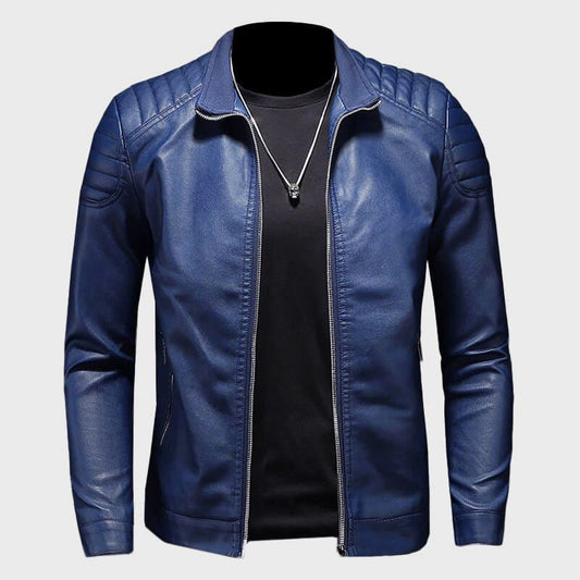 Motorcycle Leather Jacket for Men with Stand Collar - Clarkandmorris