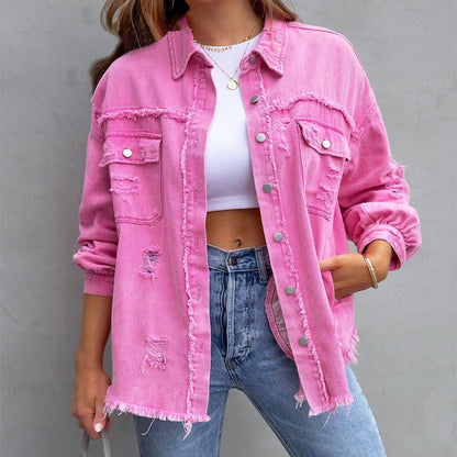 Oversized Denim Jacket for Women with Frayed Hem - Clarkandmorris