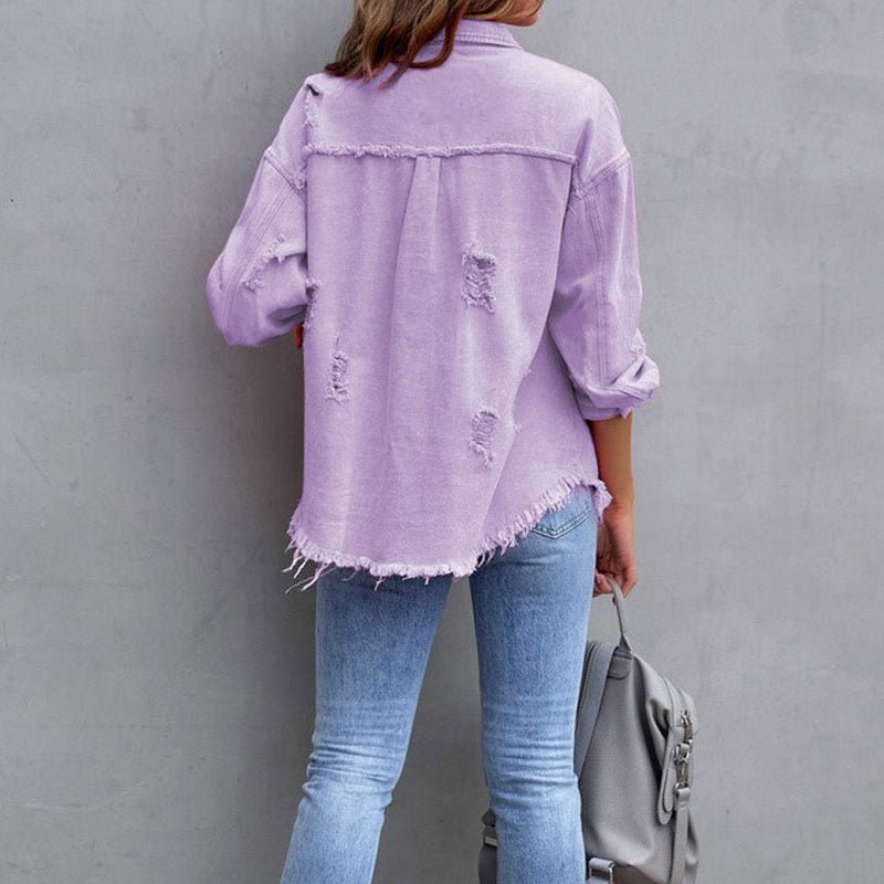 Oversized Denim Jacket for Women with Frayed Hem - Clarkandmorris