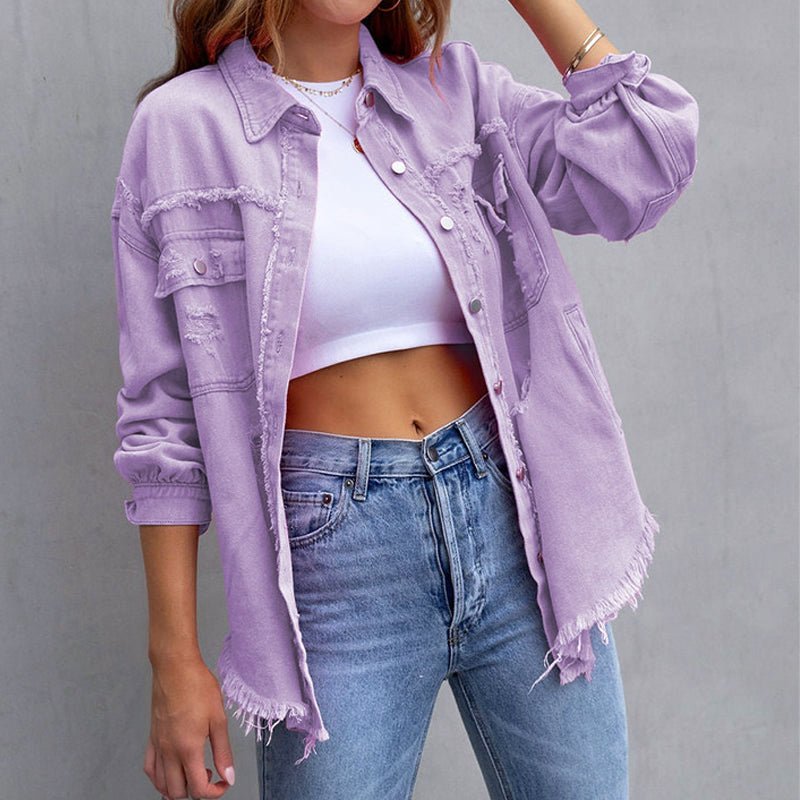 Oversized Denim Jacket for Women with Frayed Hem - Clarkandmorris