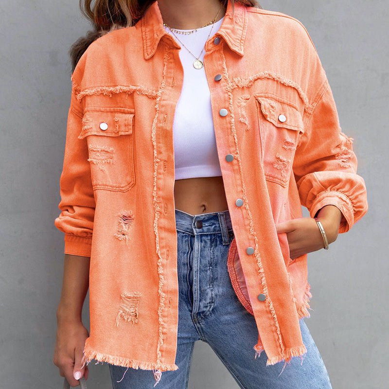 Oversized Denim Jacket for Women with Frayed Hem - Clarkandmorris