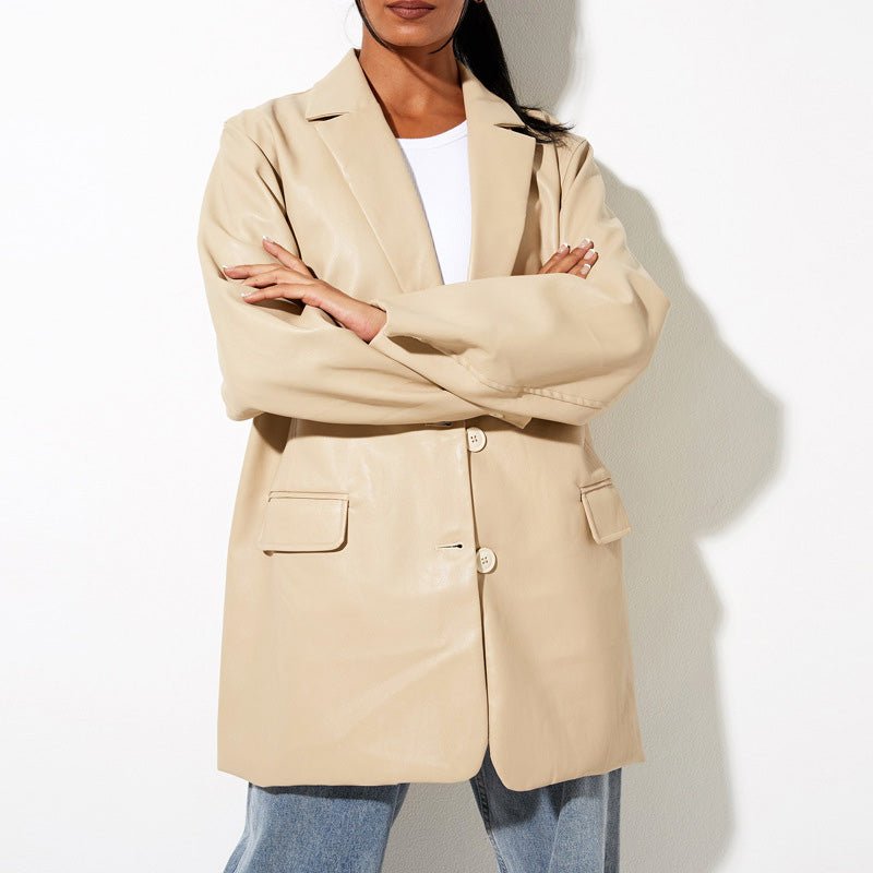 Oversized Faux Leather Suit Coat for Women with Lapel Collar - Clarkandmorris