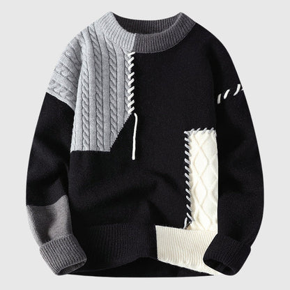 Patchwork Knit Sweater for Men with Round Neckline - Clarkandmorris