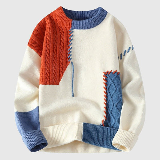 Patchwork Knit Sweater for Men with Round Neckline - Clarkandmorris