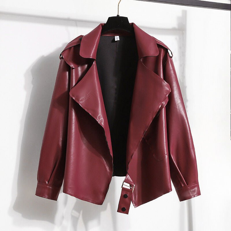 Smooth Faux Leather Jacket for Women with Big Lapel Collar - Clarkandmorris