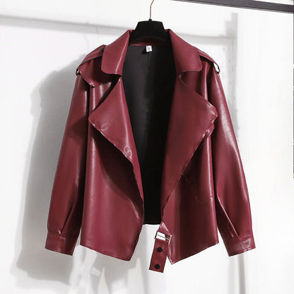 Smooth Faux Leather Jacket for Women with Big Lapel Collar - Clarkandmorris