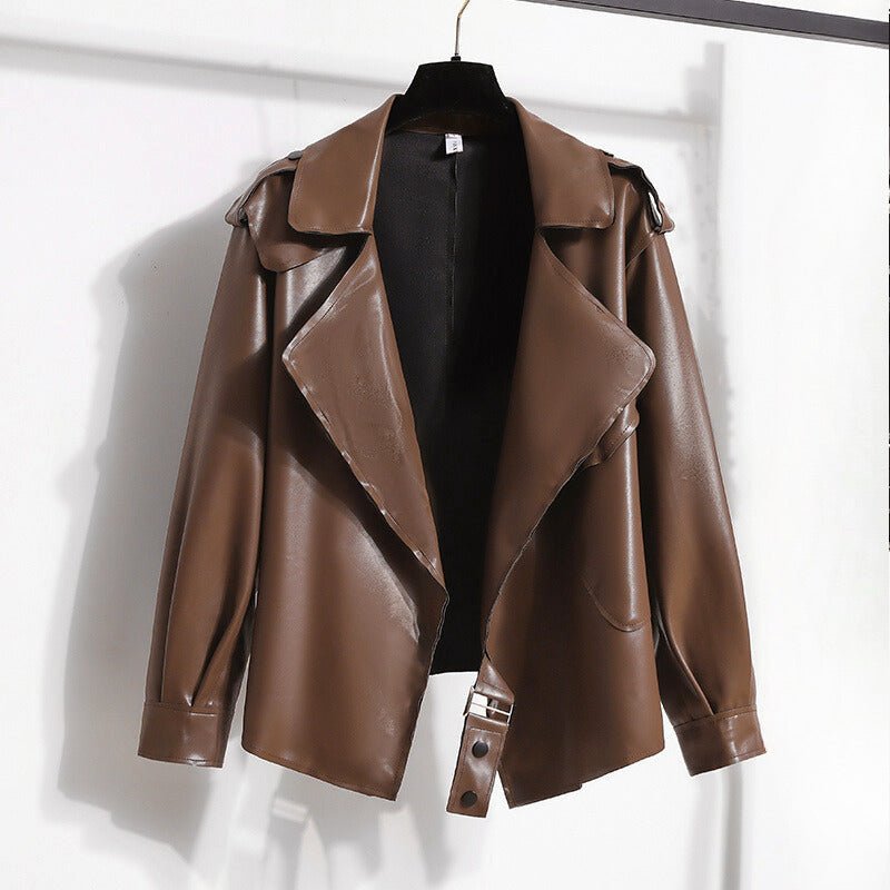 Smooth Faux Leather Jacket for Women with Big Lapel Collar - Clarkandmorris