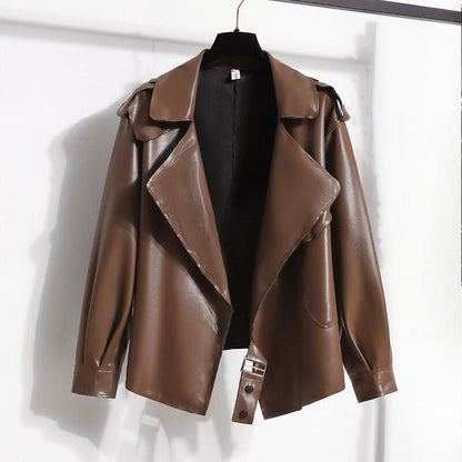 Smooth Faux Leather Jacket for Women with Big Lapel Collar - Clarkandmorris