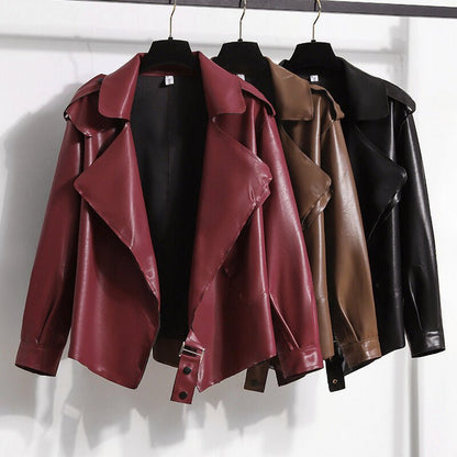 Smooth Faux Leather Jacket for Women with Big Lapel Collar - Clarkandmorris