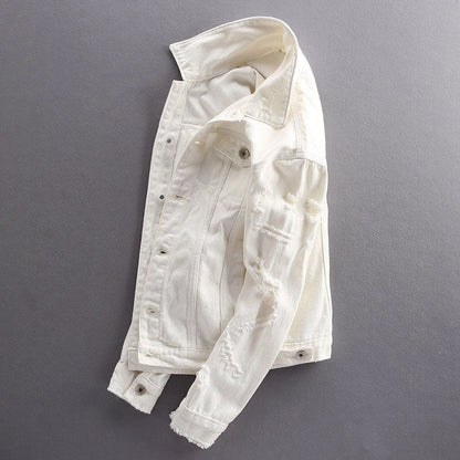 Solid - Color Denim Jacket with Distressed Sleeves for Men - Clarkandmorris