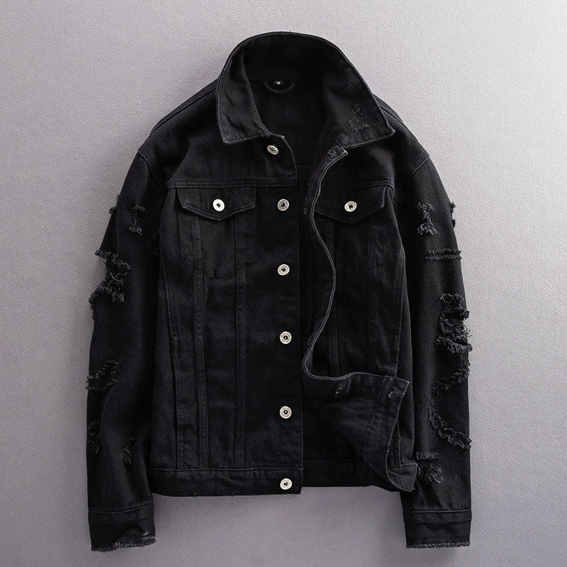 Solid - Color Denim Jacket with Distressed Sleeves for Men - Clarkandmorris