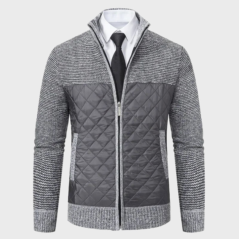 Stand Collar Cardigan for Men with Quilted Front Panel - Clarkandmorris