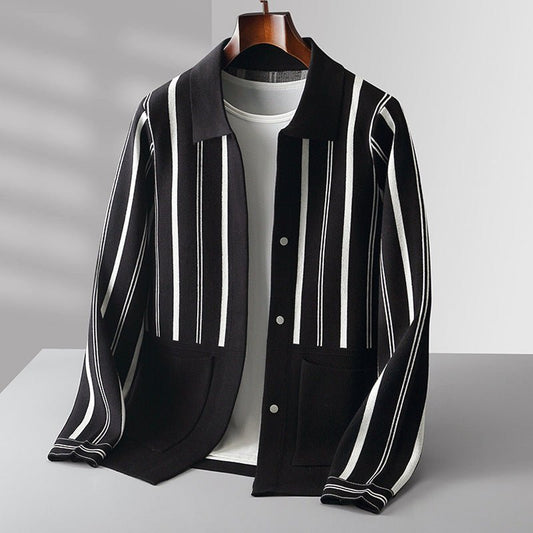 Striped Turn - Down Collar Knit Cardigan for Men - Clarkandmorris